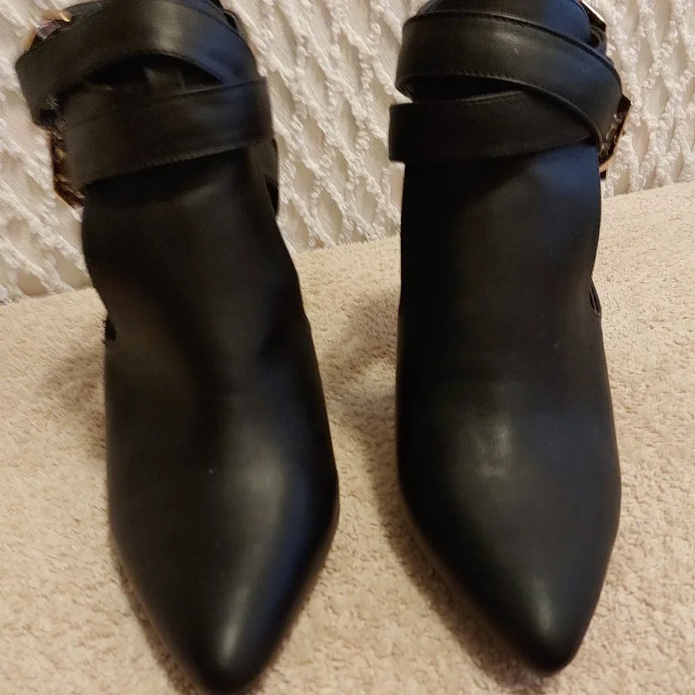 Gold Studded Double Ankle Strap Bootie Heels, Back Zip - Picture 7 of 8